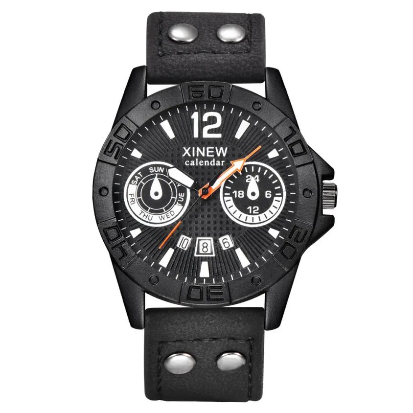 XINEW Men's Leather Military Watch Sports Calendar Watch Luxury Brand