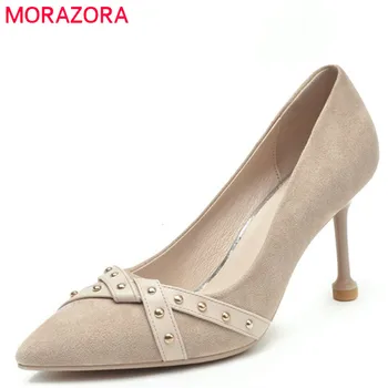 

MORAZORA 2019 new arrival flock pointed toe women pumps rivet thin high heels shoes shallow spring summer office shoes woman