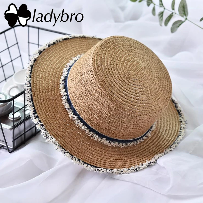 

Ladybro Women Straw Hat Boater 2019 Beach Summer Hat Flat Lady Wide Brim Sun Hat Female Chapeu Feminino Visor Cap Sombrero Femme