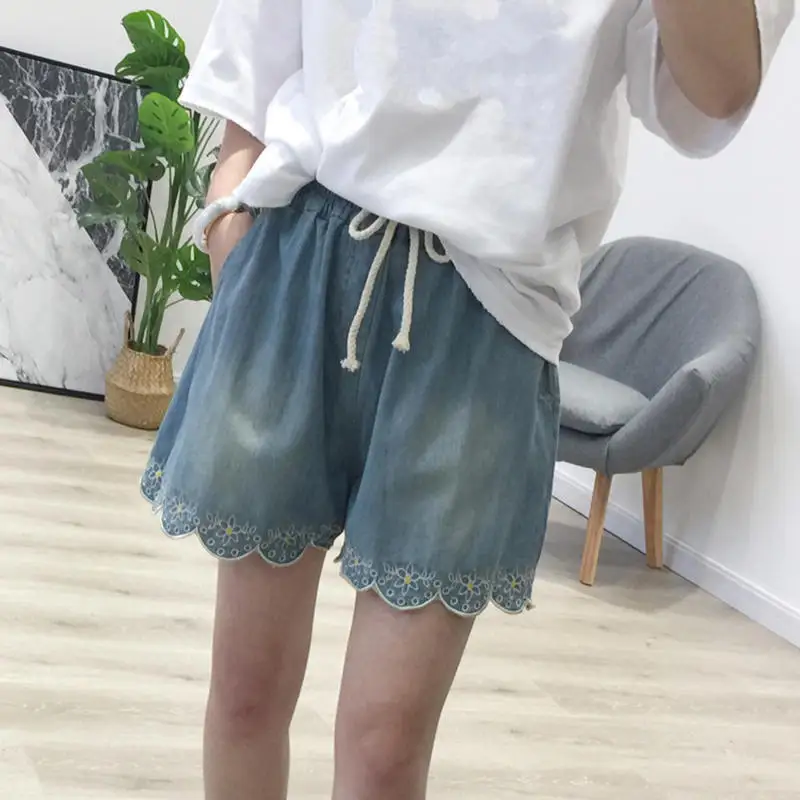 Harajuku стиль вышитые летние шорты женские Шнурок Ретро Широкие джинсовые Свободные повседневные шорты высокая талия джинсовые шорты C5287