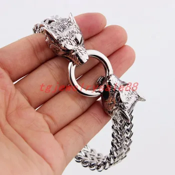 

High Quality 12mm Wide Silver Wolf Head Clasp Fashion Men's Stainless Steel Figaro Rolo Link Chain Bracelet Jewelry 8.66"
