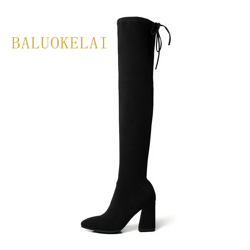 New Autumn Winter Women Boots Lace Up Square Heel Black Flock Thigh High Boots High Heels Over The Knee Boots Size 35-40,K-110 New Autumn Winter Women Boots Lace Up Square Heel Black Flock Thigh High Boots High Heels Over The Knee Boots Size 35-40,K-110