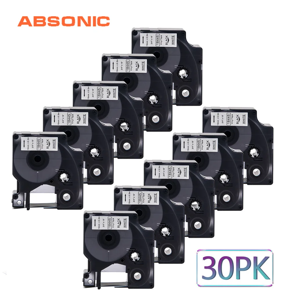 Absonic 30 Pcs 19 Mm Ind Vinyl Dymo Rhino 18445 Zwart Op Wit Etikettering Tape Industriële Cartridge Voor Rhino 4200 5200 6000 Printer