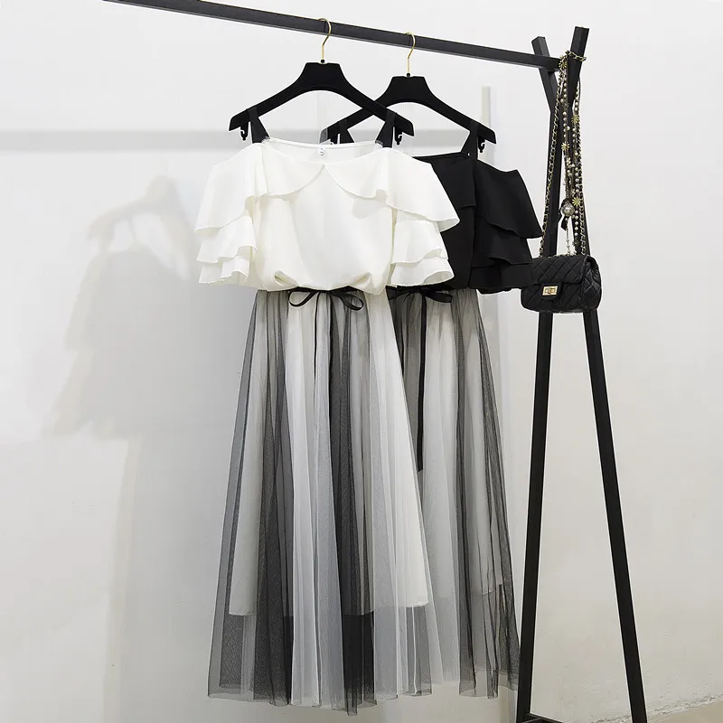 

2 Piece Sets Womens Outfits 2019 Summer Loose Short Sleeve Chiffon White Shirt and Midi Mesh Skirt Slash Neck Pff The Shoulder