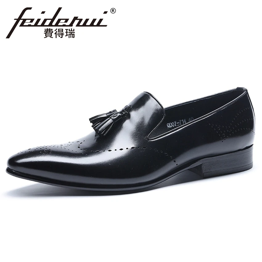 

Summer Designer Genuine Leather Men's Breathable Loafers Formal Dress Italian Pointed Toe Slip on Tassel Man Brogue Shoes HMS108