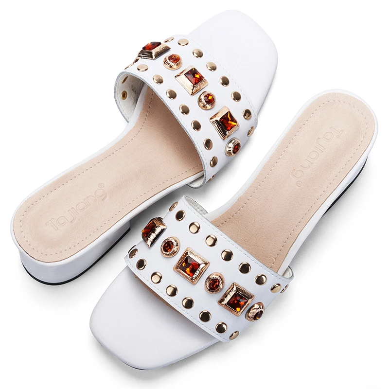 Ta Jiang/женские босоножки из натуральной коровьей замши с кристаллами; Летняя обувь; женские сандалии-гладиаторы на высоком каблуке; женские пляжные Тапочки