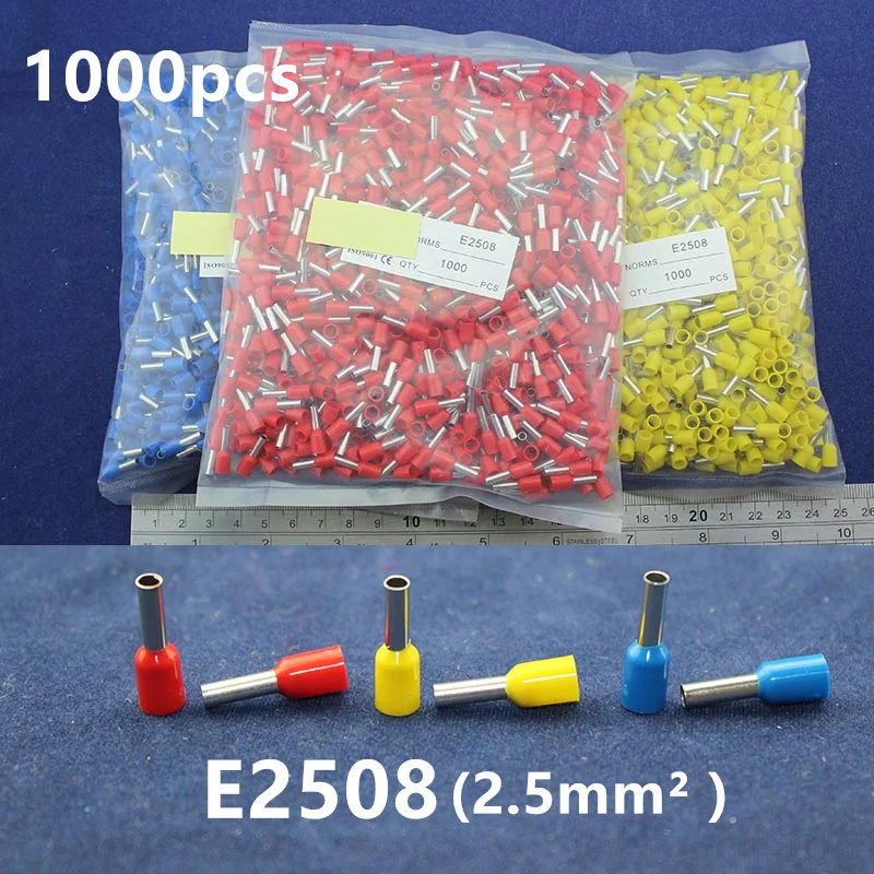 

1000Pcs Cord End Copper Tube Connectors Insulated Cord Pin End Crimp Terminals E2508 for 16-14awg wire