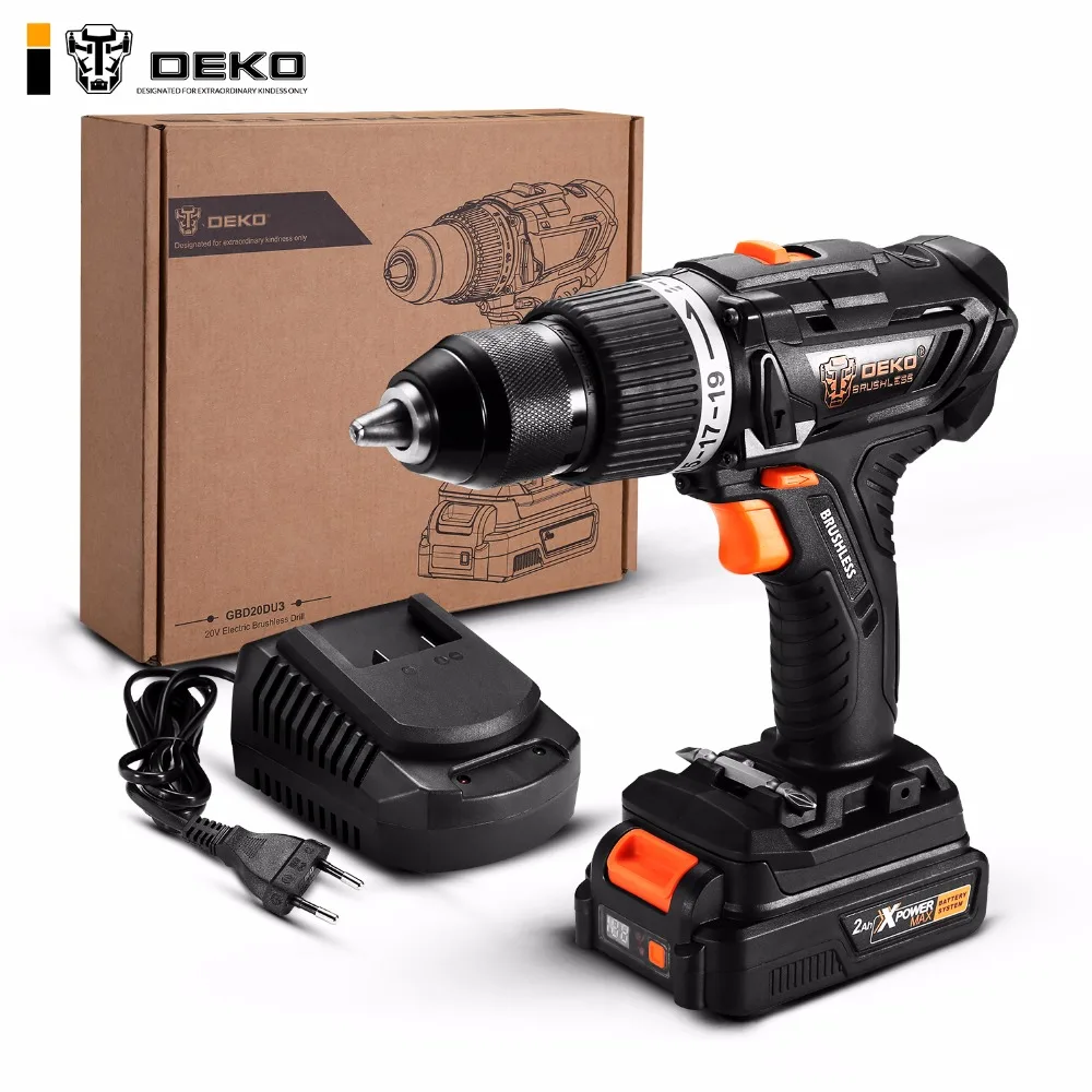  DEKO GBD20DU3 20-Volt Max Brushless Electric Impact Drill Cordless Screwdriver 2 Ah Lithium-Ion Bat