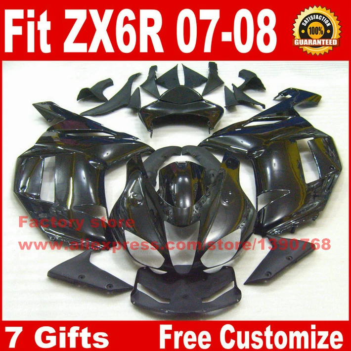 Fairings set for Kawasaki Ninja 636 ZX6R 2007 2008 all glossy black ZX-6R 07 08 fairing body kit ZQ6