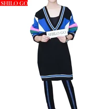 HOT Free shipping 2016 new autumn fashion women high quality tide models rainbow stripes hit color V-neck jersey dress rabbit