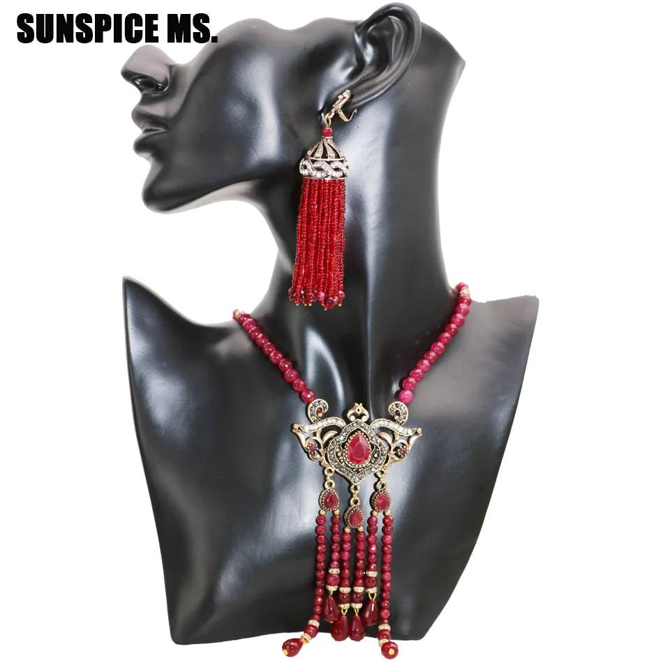 

SUNSPICE MS Indian Natural Stone Jewelry Sets Turkish Red Wedding Long Tassels Dangle Earrings Charm Necklace Antique Gold Color