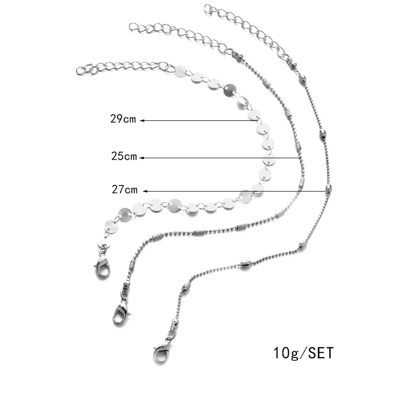 3 шт./компл. классический браслет для лодыжки цвета: золотистый, серебристый блесток Бусы многослойная ботильоны Браслеты для Для женщин Сандалеты с перепонкой на лодыжке летние пляжные ног Ювелирные изделия