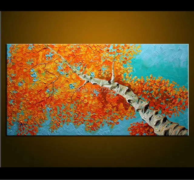 Handpainted Modern Home Decor Painting Living Room Hall Wall Art Picture Thick Colors Tree Autumn Scenery