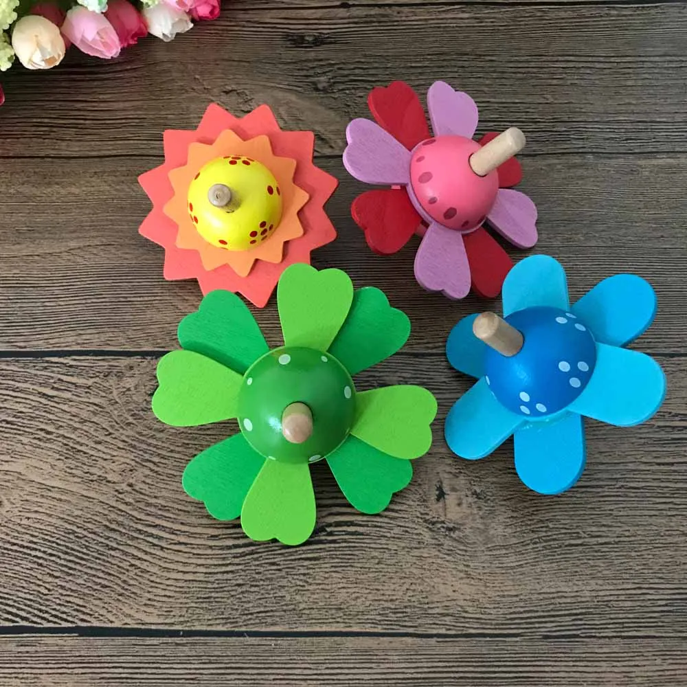 1 Pcs Lovely Wooden Flower Shape Spinning Top Classic Toys Kids Early