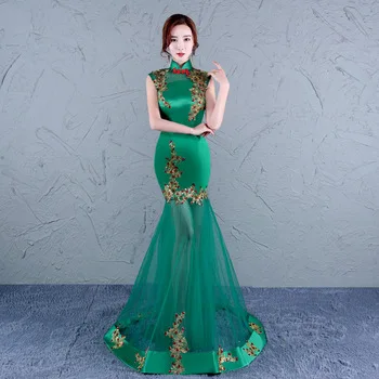 embroidery qipao cheongsam shanghai traditional chinese wedding dragon wedding dress modern qipao dress green long mermaid
