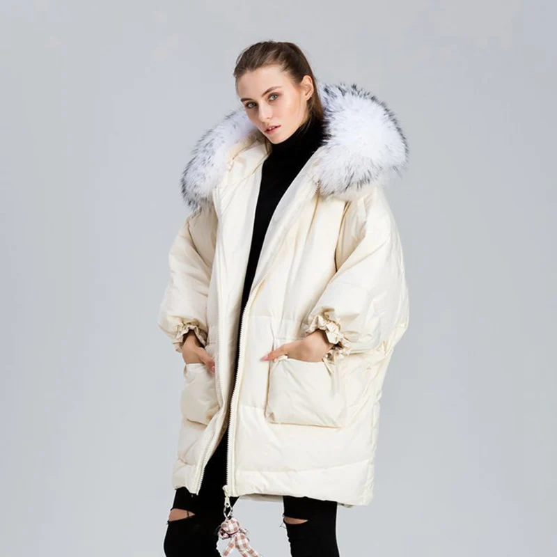 Большой размер, Зимний пуховик для женщин, настоящий большой воротник из меха енота, длинный пуховик с капюшоном,, модная зимняя куртка на молнии