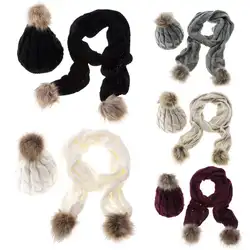 2015 зима теплая вязаная шапка комплект Для женщин утепленная шапка из искусственного меха шарф