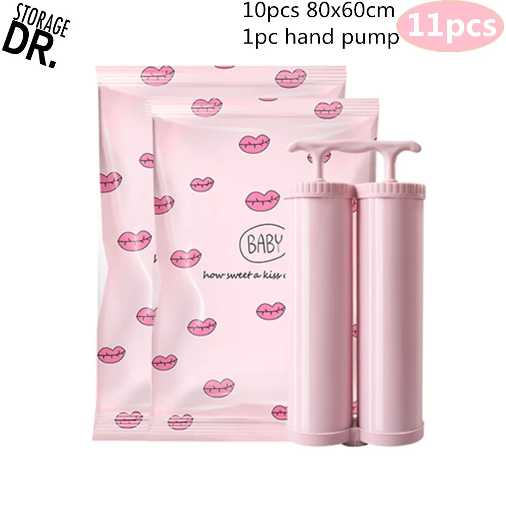 

11pcs Vacuum Bags for Clothes with Pump Pink Storage Bags College Dorm Closet Organizer Sac Compression Bag Rangement Vetement