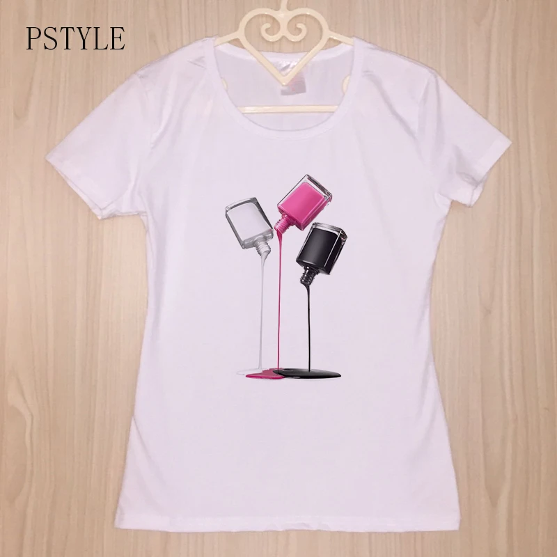 

Summer Women's T Shirt Fashion Female Tee Tops Nail Polish Printing Harajuku Vintage Vogue Fashion Stylebasic White Tshirt Tops