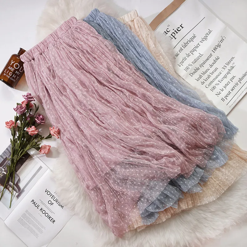 

Summer Dots Floral Print Pleated Midi Skirt Women Embroidery Long Elastic High Waist Elegant Female Tulle Plus Size Skirt