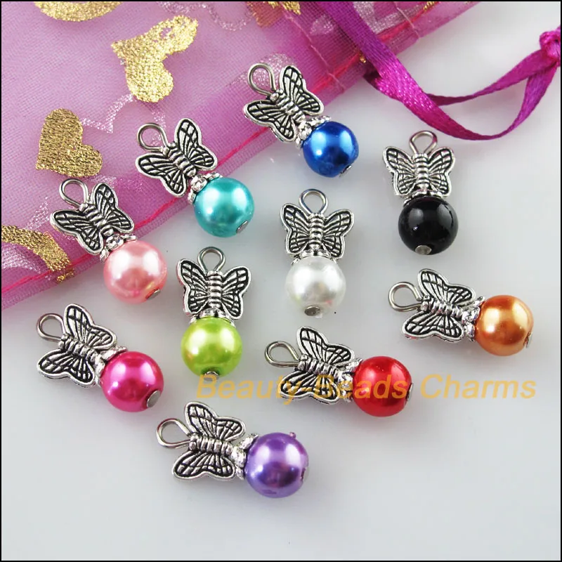 

Fashion 10 New Charms Mixed Round Glass Beads Pendants Tibetan Silver Tone Butterfly 10.5x20mm