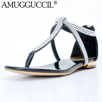 

Customize Plus Big Size 34-47 Black Buckle Crystal Fashion Sexy Girl Summer Females Lady Women T-Strap Flats Sandals L910