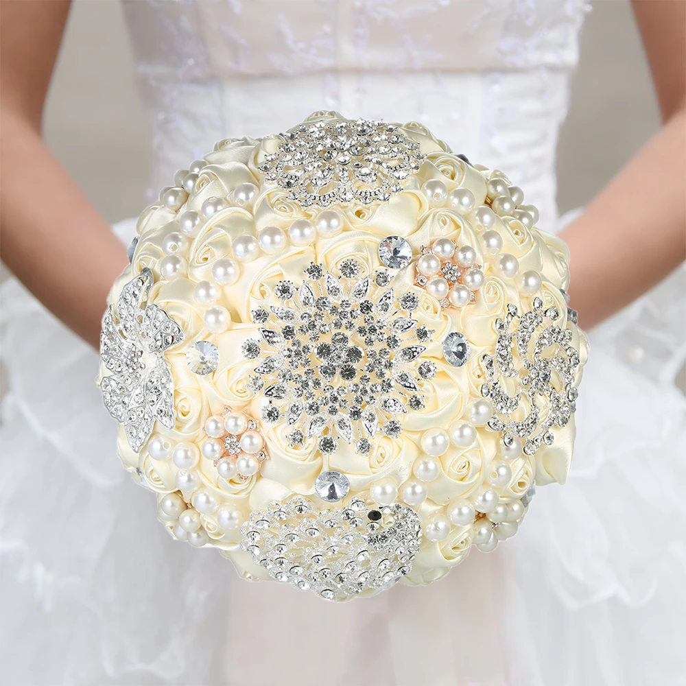 

18cm Handmade Crystal Bridal Wedding Bouquet Diamond Bridal Bouquet Satin Rose Flower Rhinestone Artificial bridesmaid bouquet