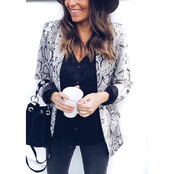 

Women Snake Print Long Sleeve Suit Coat Blazer 2019 Women Basic Coat Pockets Biker Jacket Outwear Tops women's Suit Top