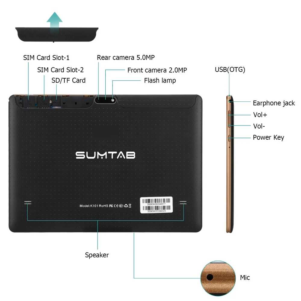SUMTAB дюймов новый 10 1 планшет 2 + 16 ГБ Android 7 0 3g/WiFi четырехъядерный двойная карта