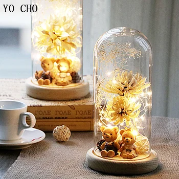 

YO CHO Immortal Flower Gift LED Lamp Rose Bear In Flask Romantic Valentine's Day Birthday Gift Glass Cover Magnolia Dried Flower