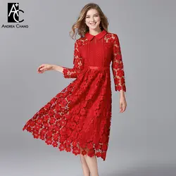 Плюс размер женское платье L-5XL Высокое качество Лето Весна выдалбливают цветочный узор черный красный платье длиной до середины икры