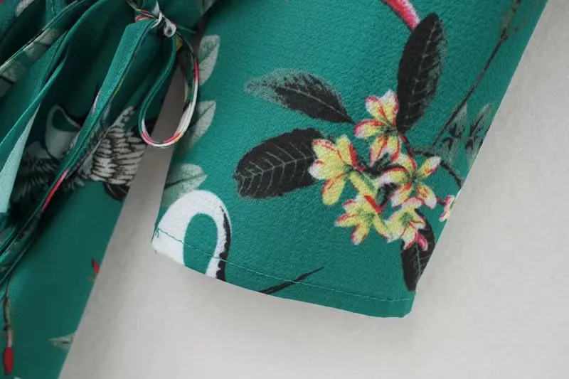 Boho Летнее платье для женщин с принтом кранов, с оборками, кимоно, платье, сексуальное, v-образный вырез, рукав три четверти, галстук, талия, миди платье YD8507