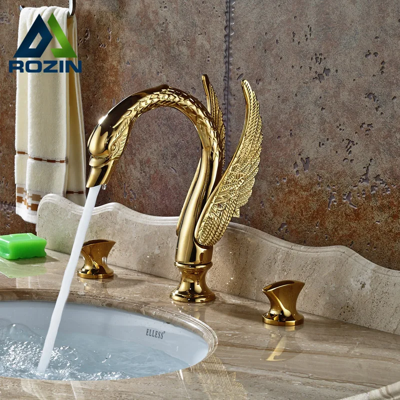 

Luxury Swan Style Dual Handles Widespread Basin Sink Faucet Deck Mount Mixer Tap Golden Color