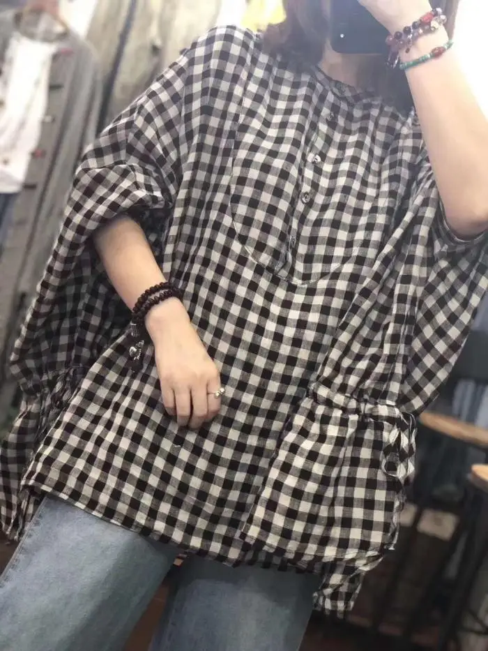 2019-female-new-spring-and-summer-plus-size-cotton-and-linen-round-neck-bat-sleeve-head-lazy-loose-fashion-plaid-shirt