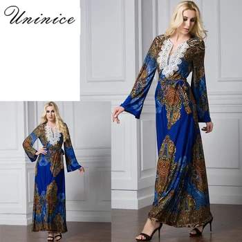 

Muslim Abaya Dress Print Silk Lace Bohemia Maxi Robe Kimono Women Thobe Jubah Ramadan Arabic Turkey Islamic Middle East Clothing