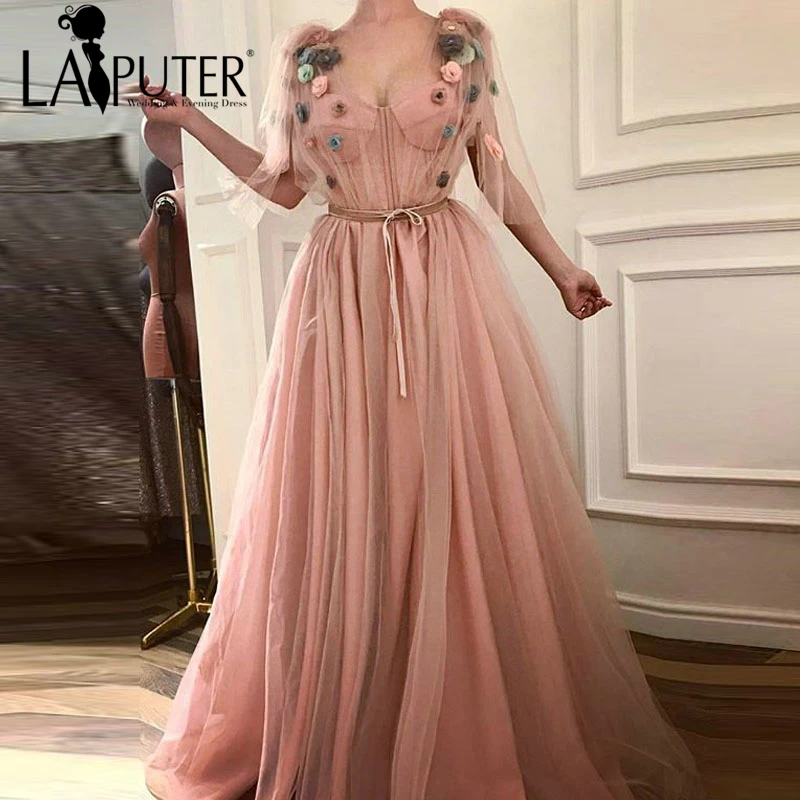 LAIPUTER Vestido Longo De Festa A-Line Красочные цветы v-образный вырез с рукавами с поясом для женщин