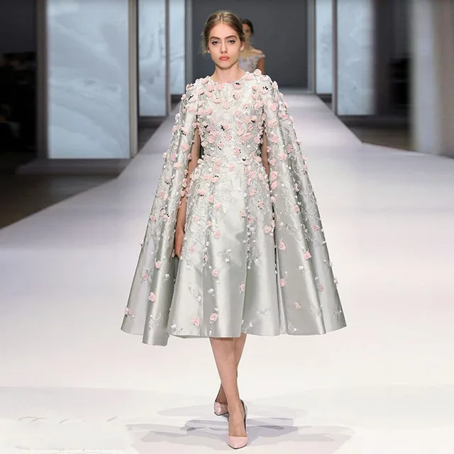 3D Floral 2017 Evening Dress with Cape A Line Tea Length Silver Pretty
