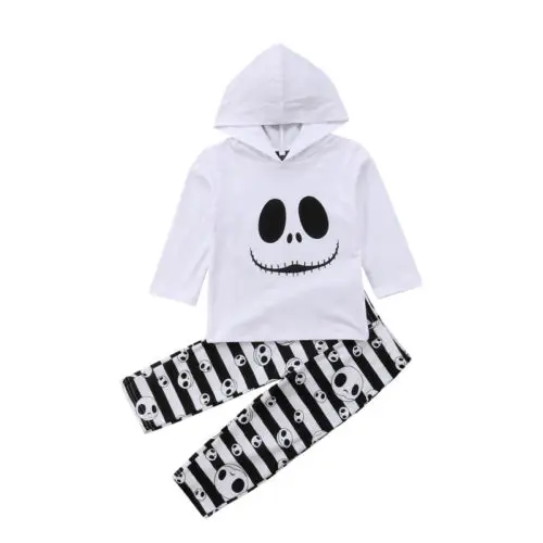 

Scary Toddler Baby Girl Halloween Outfit Long Sleeve Cartoon Hooded Sweatshirt Top+Long Striped Skull Pants 2Pcs Autumn Clothes