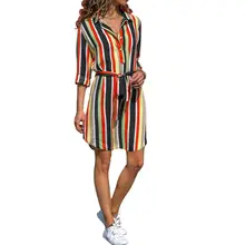 2019 New Yfashion Women Colorful Striped Waist Belted Long Sleeves Casual Dress 2019 New Yfashion Women Colorful Striped Waist Belted Long Sleeves Casual Dress