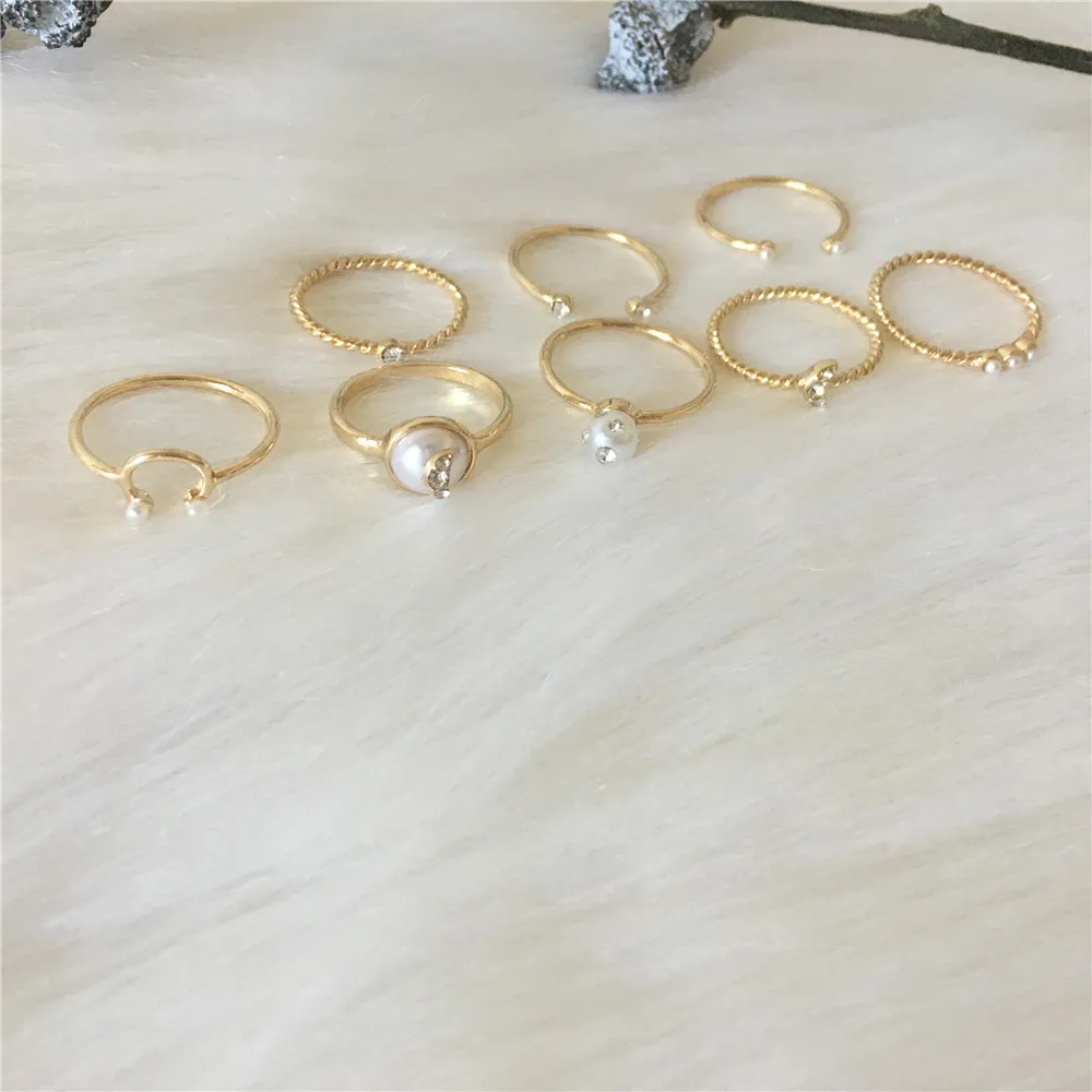 Милый золотой цвет покрытие белый жемчуг и прозрачный камень украшения 8 шт. кольцо Набор для женщин