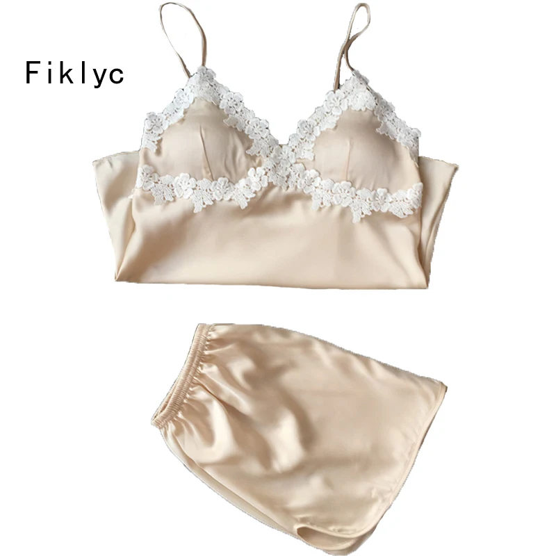 Fiklyc pijamas mulheres pijamas set curto calça falso flor do laço de seda Com Decote Em V sleepwear lingerie de renda sem mangas das mulheres vestido longo