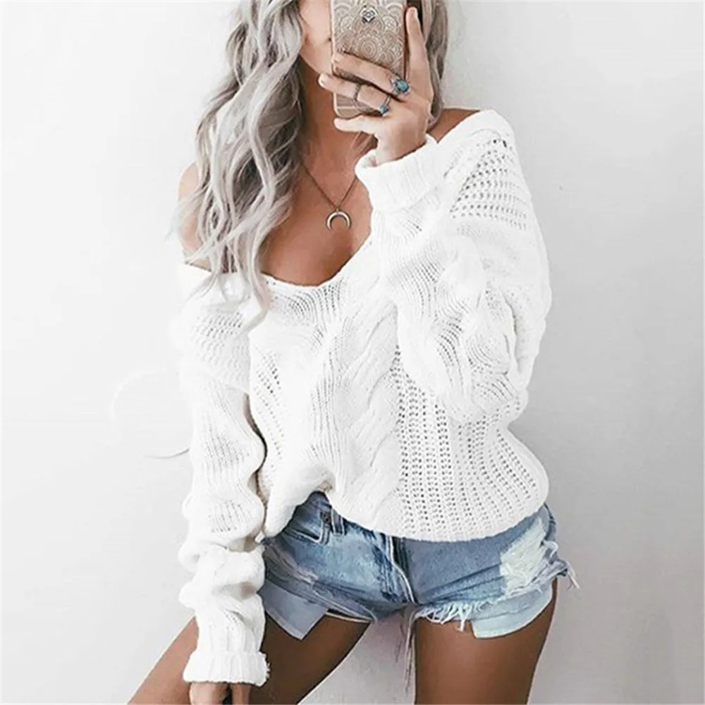 

Women Winter Knitted Sweater 2019 Autumn White Hollow Out Pullover Sweater Sexy Deep V Neck Long Sleeve Jumpers Black for Ladies