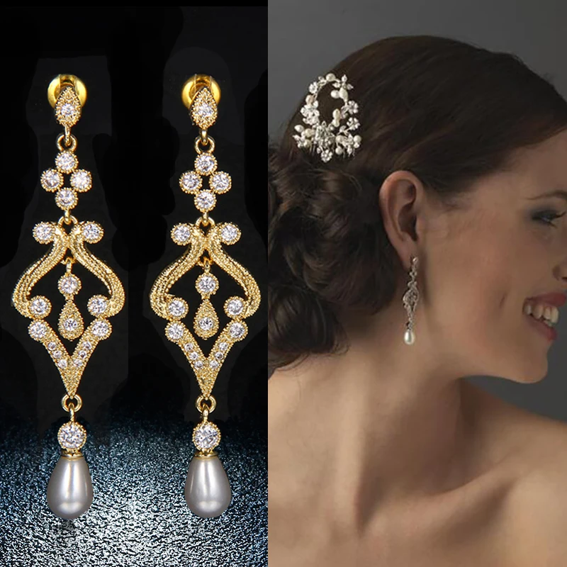 

Fashion Vintage Wedding Pearl Drop Earrings Elegant & Charming Flower Shape CZ Zircon Long Earings Jewelry For Women Gift AE129