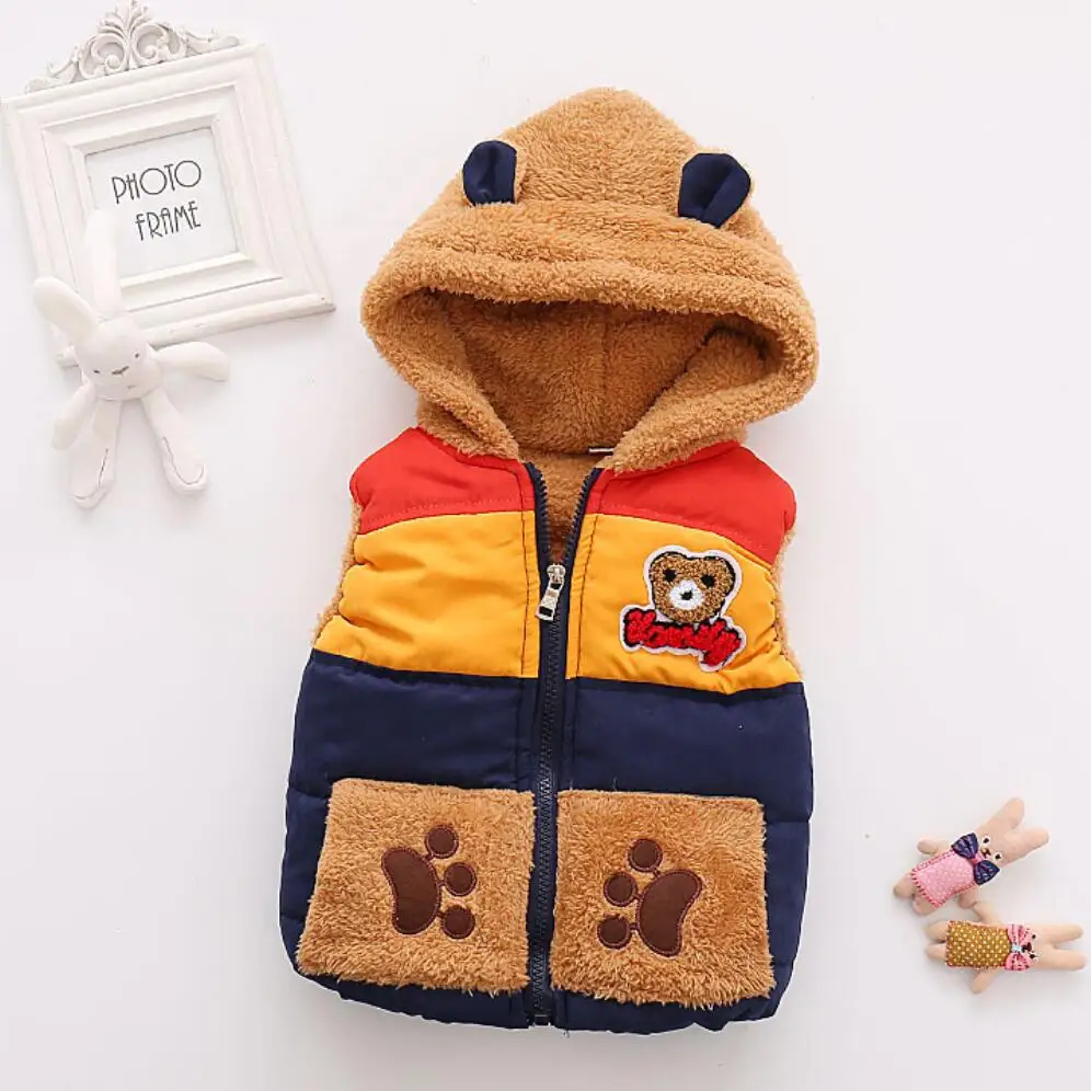 Autumn and winter Boys Baby Kids plus velvet warm thick vest Outerwear Bear Cartoon Hooded Waistcoat Ma3 jia3 Clothes