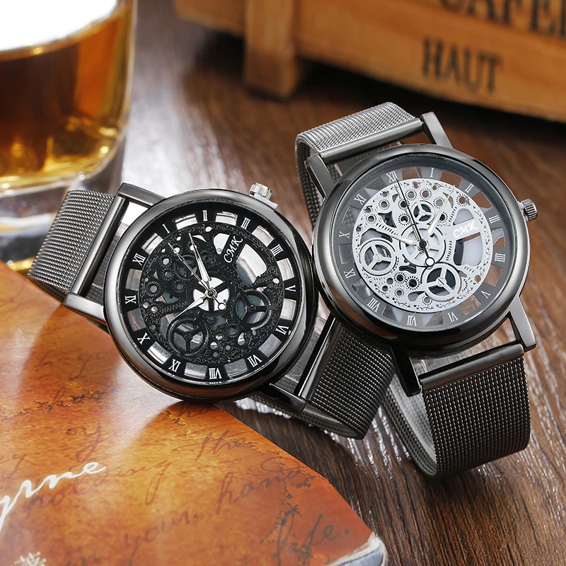 

Brand CMK Silver Gold Wristwatch Casual Simple Style Mesh Belt Quartz Women Watches Fashion clock Hollow Design Men Watch 4color