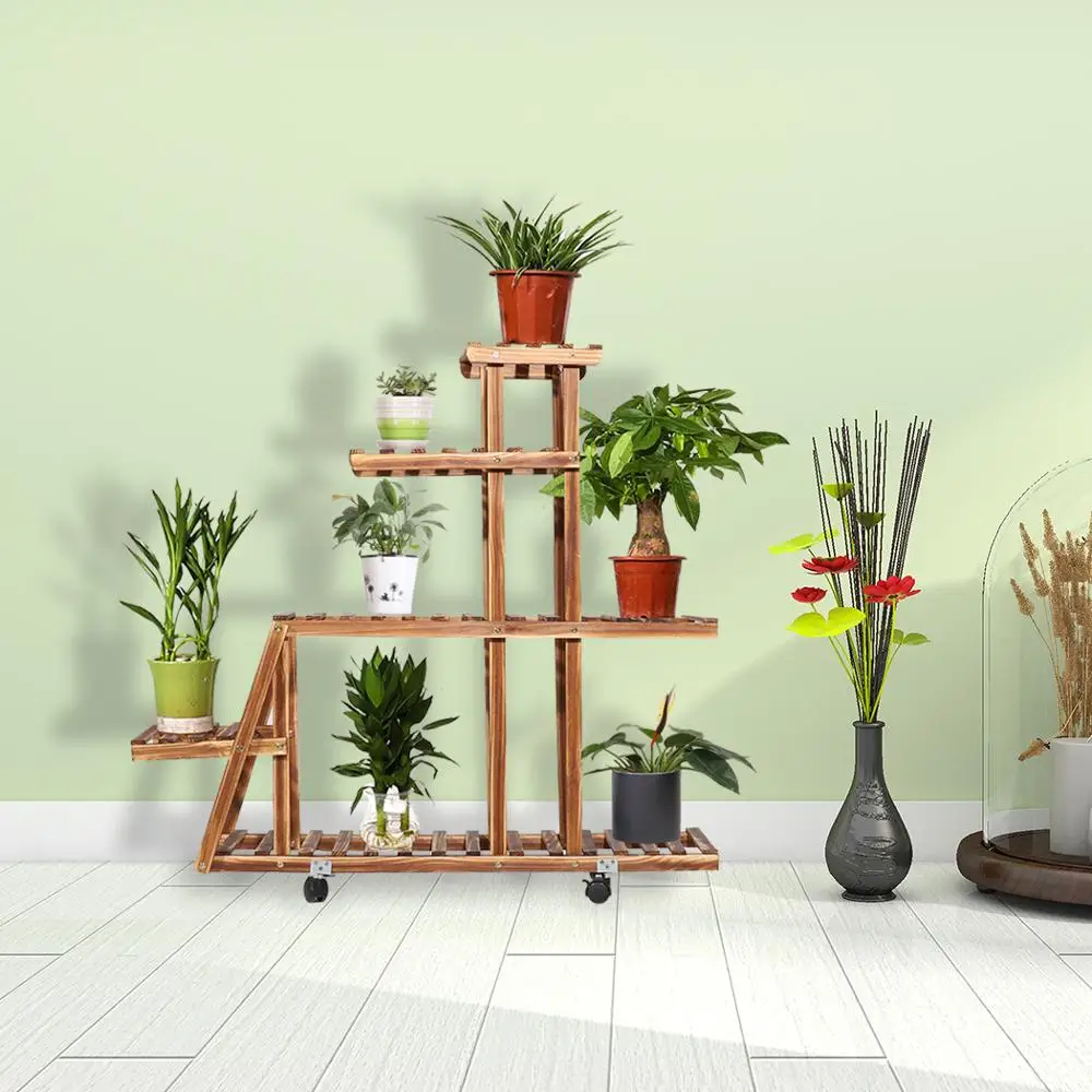 

Solid Wooden Flowers Rack Plant Stand 5 Tiers Shelves Bonsai Display Shelf with Wheels for Yard Garden Patio Balcony Use