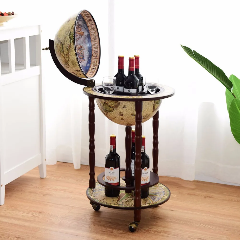 

Goplus 17" Wood Globe Wine Bar Stand Liquor Bottle Shelf Cart 16th Century Italian Rack HW58775