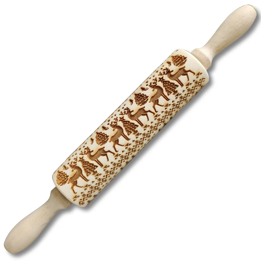 Natural Wood With Elk Pattern For Baking Embossed Cookies Reindeer Rolling Pin