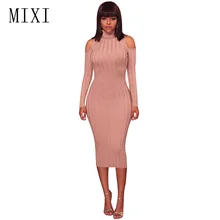 MIXI Women Sweater Dresses Autumn Winter Turtleneck Elegant Long Knitted Dress Sexy Cold Shoulder Long Sleeve Slim Bodycon Dress black sexy cold shoulder long sleeves sweater