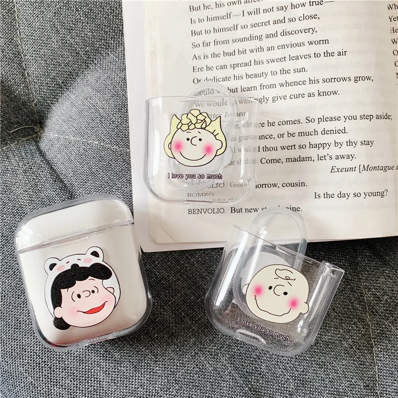 

Cute Cartoon Charlie Brown Transparent PC Earphone Case for Airpods Bluetooth Wireless Earphone Skin Cover Universal Bag